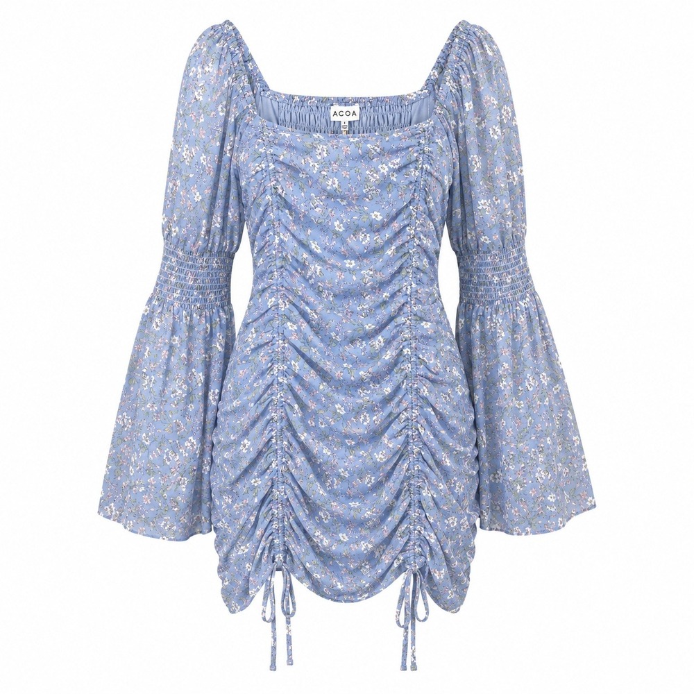 ACOA Floral Dress Womens Large Blue Ruched Smocked Bell Sleeve Cottage